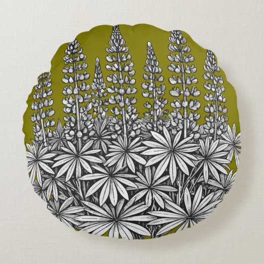  Mustard Yellow Botanical Lupine Round Pillow ラウンドクッション (正面)