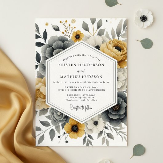 Mustard Yellow Botanical Romance Wedding 招待状