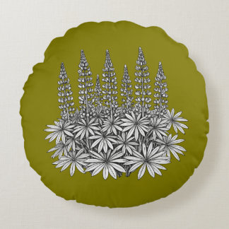 Mustard Yellow Lupine Floral Round Pillow ラウンドクッション