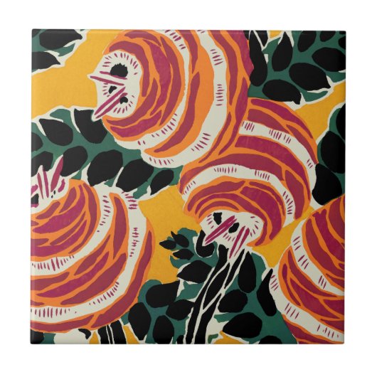 Mustard Yellow & Orange Art Deco Floral Decor タイル (正面)