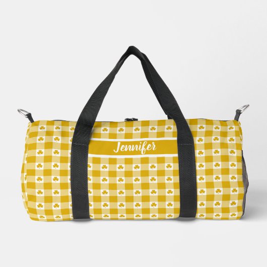 Mustard Yellow Plaid Shamrock Clover Customizable  ダッフルバッグ (正面)