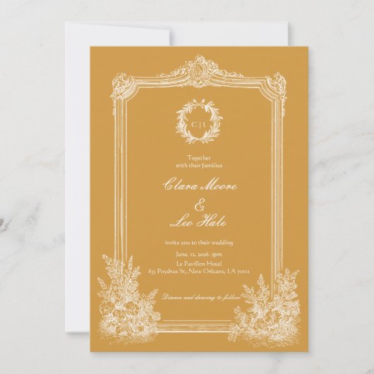 Mustard Yellow Vintage Ornate Frame Wedding 招待状 (正面)