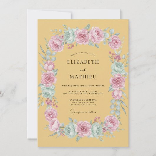 Mustard Yellow Whimsical Rose Wedding 招待状 (正面)