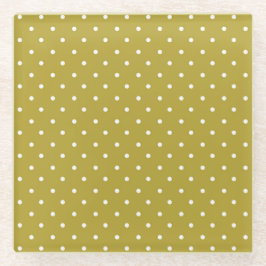  Mustard yellow white polka dots pattern  ガラスコースター