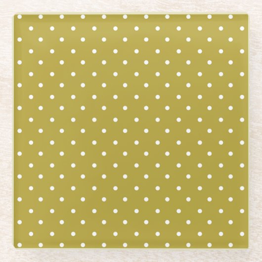  Mustard yellow white polka dots pattern  ガラスコースター (正面)