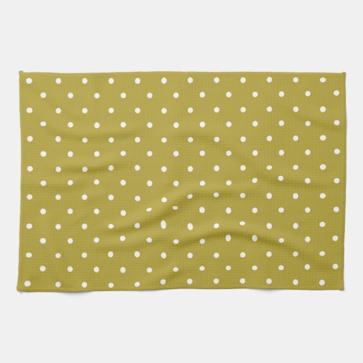  Mustard yellow white polka dots pattern  キッチンタオル (横)