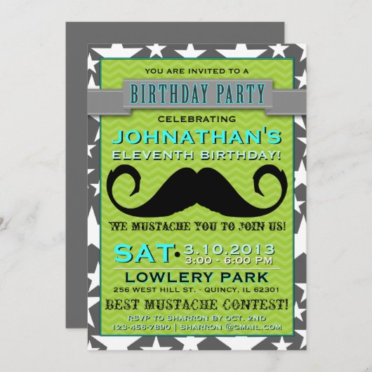 Mustash Bash Chevron Birthday Party Invitation 招待状 (正面/裏面)