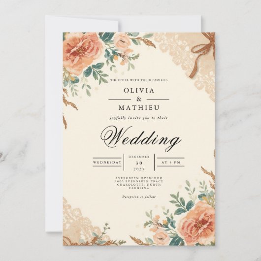 Muted Blossom Botanical Arch Wedding 招待状 (正面)