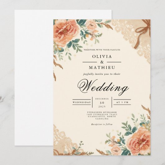 Muted Blossom Botanical Arch Wedding 招待状 (正面/裏面)