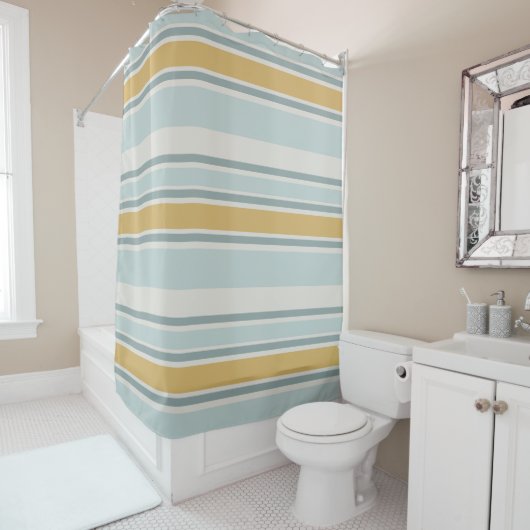 Muted Blue and Mustard Modern Stripe Bathroom シャワーカーテン (インサイチュ)