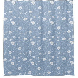 Muted Blue And White Wildflower Pattern シャワーカーテン