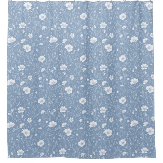 Muted Blue And White Wildflower Pattern シャワーカーテン (正面)