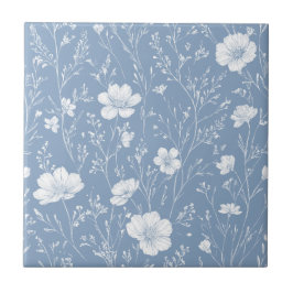 Muted Blue And White Wildflower Pattern タイル