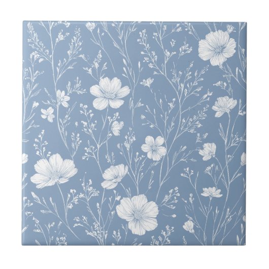 Muted Blue And White Wildflower Pattern タイル (正面)