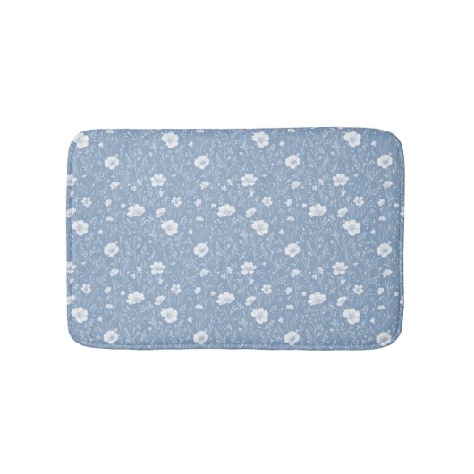 Muted Blue And White Wildflower Pattern バスマット (正面)