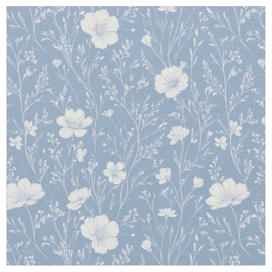 Muted Blue And White Wildflower Pattern ファブリック (クローズアップ)