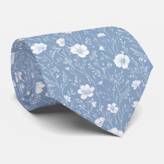 Muted Blue And White Wildflower Patterned ネクタイ (ロール)