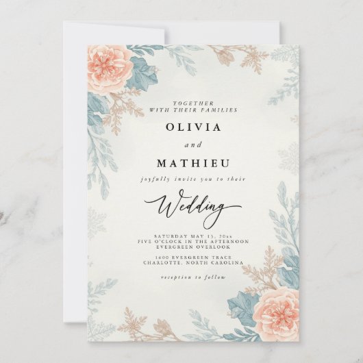 Muted Coral Floral Botanical Wedding 招待状 (正面)