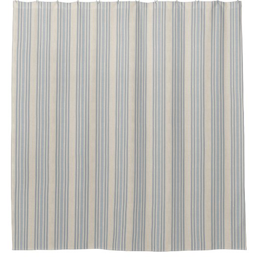 Muted Distressed Blue Farmhouse Ticking Stripe シャワーカーテン (正面)