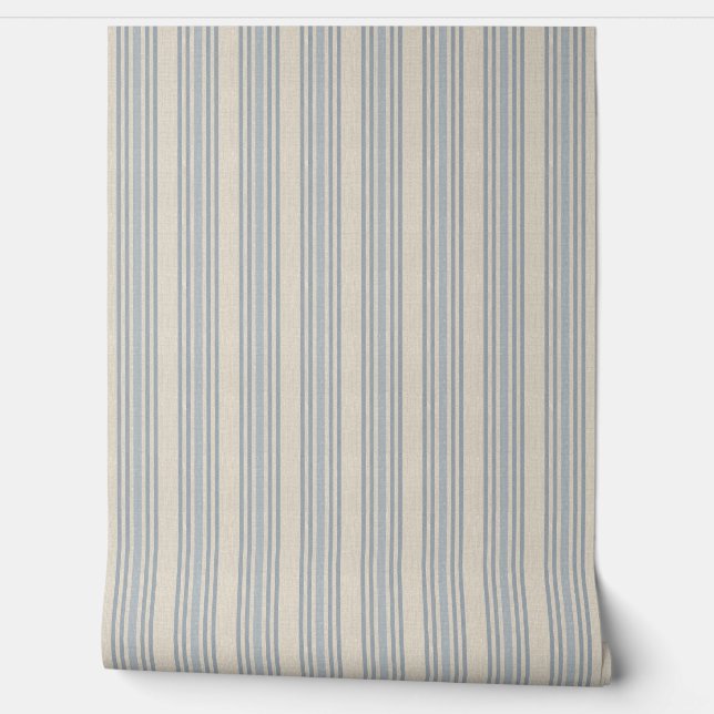 Muted Distressed Blue Farmhouse Ticking Stripe 壁紙 (ほどく)