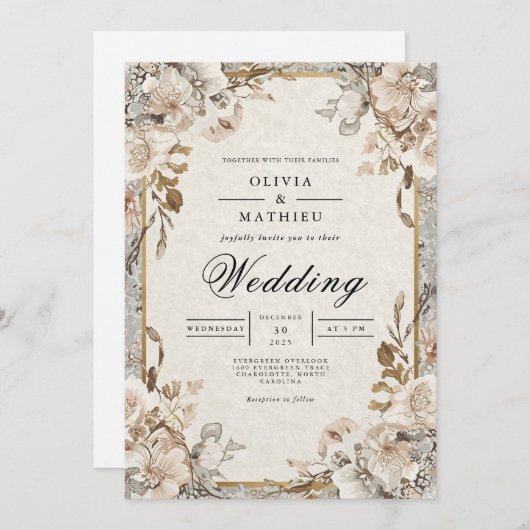 Muted Earthy Floral Arch Wedding 招待状 (正面/裏面)