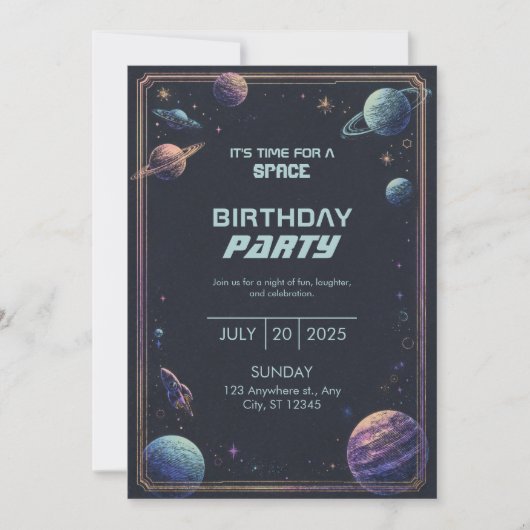 Muted Engraved Pastel Space Planet Frame Birthday 招待状 (正面)