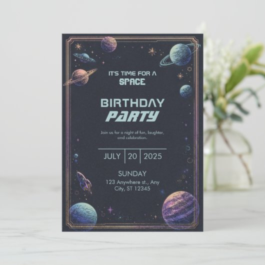 Muted Engraved Pastel Space Planet Frame Birthday 招待状 (スタンド正面)