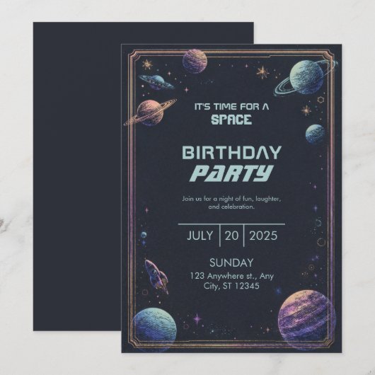 Muted Engraved Pastel Space Planet Frame Birthday 招待状 (正面/裏面)