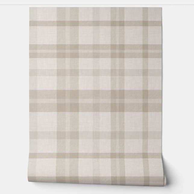 Muted Farmhouse Taupe Plaid w/ Linen Texture 壁紙 (ほどく)