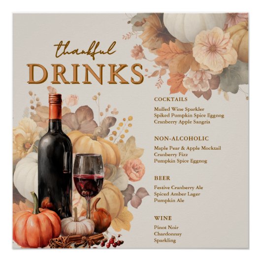 Muted Florals Thanksgiving Square Bar Menu Poster  ポスター (正面)