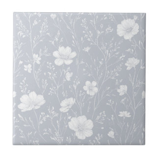 Muted Gray And White Wildflower Pattern タイル