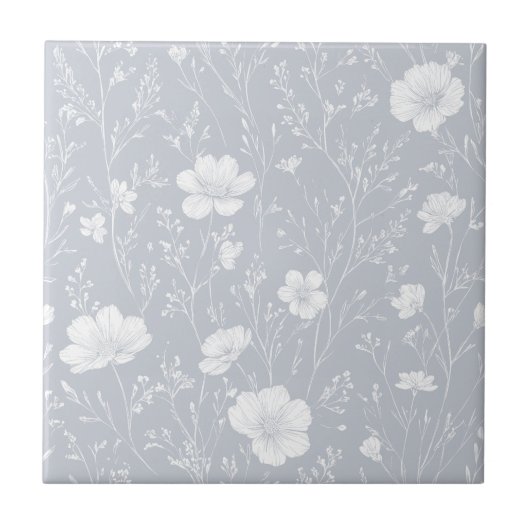 Muted Gray And White Wildflower Pattern タイル (正面)