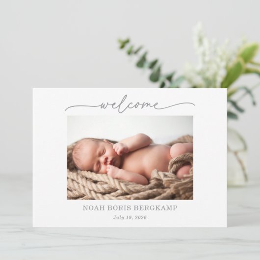Muted Gray Baby Photo Welcome Announcement Card 招待状 (スタンド正面)