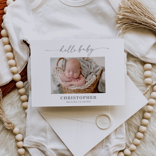 Muted Gray Hello Baby Photo Announcement Card 招待状