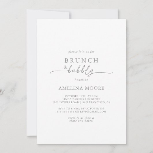 Muted Gray Minimal Brunch and Bubbly Bridal Shower 招待状 (正面)