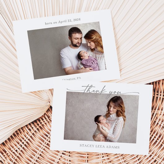 Muted Gray Minimalist Baby Photo Thank You Card 招待状