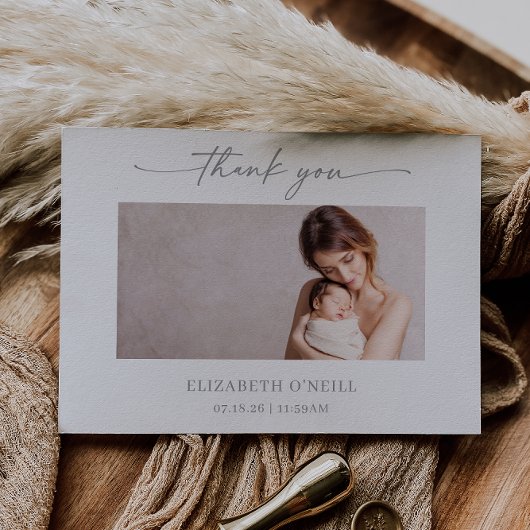 Muted Gray Minimalist Baby Photo Thank you Card 招待状