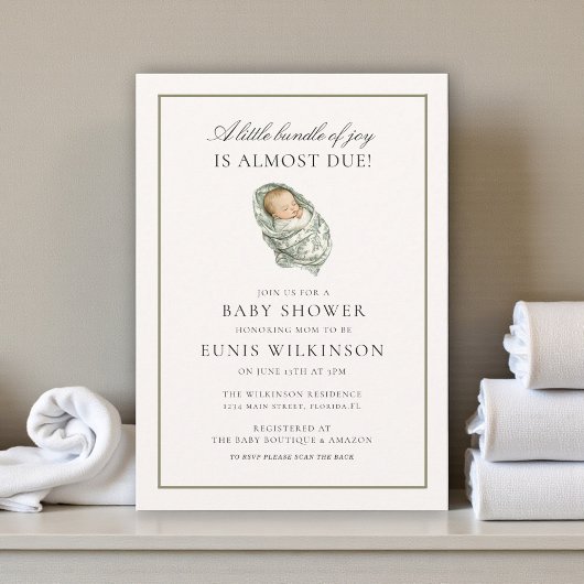 Muted Green Baby Shower a little bundle 招待状