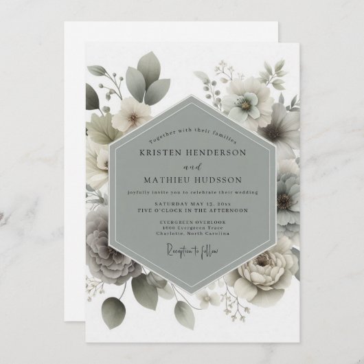Muted Green Botanical Romance Wedding 招待状 (正面/裏面)