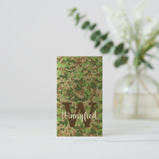 Muted Green Camouflage Outdoorsy Monogram Name 名刺 (スタンド正面)