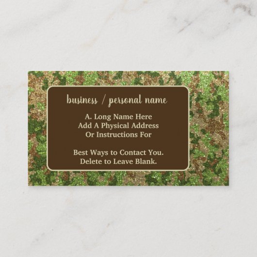 Muted Green Camouflage Outdoorsy Monogram Name 名刺 (裏面)