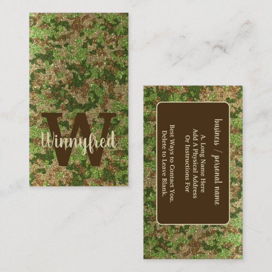 Muted Green Camouflage Outdoorsy Monogram Name 名刺 (正面/裏面)