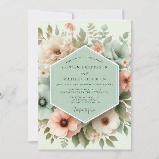 Muted Green Floral Whimsy Wedding 招待状 (正面)