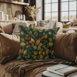 Muted Green Gold Fall Leaves Watercolor Decorative クッション