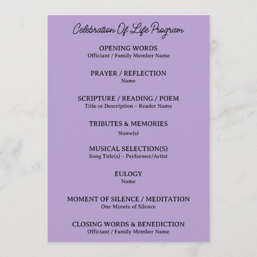 Muted Lavender Tribute Funeral Program プログラム (裏面)
