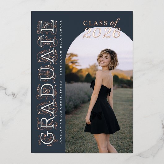 Muted Navy Ivory Photo Graduation Rose Gold 箔招待状 (正面)