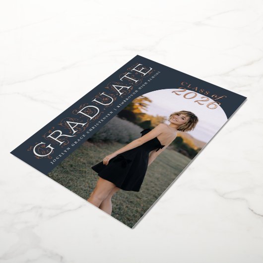 Muted Navy Ivory Photo Graduation Rose Gold 箔招待状 (回転した状態)