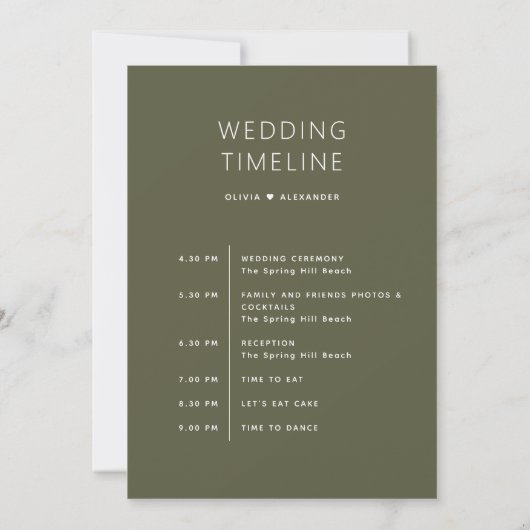 Muted Olive Green Timeline | Woodland Wedding  招待状 (裏面)