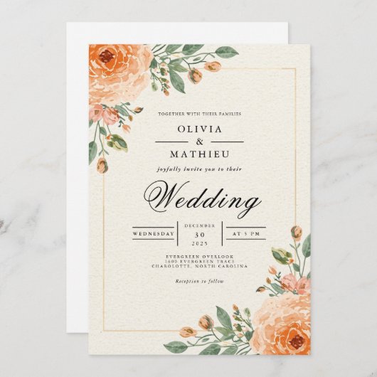 Muted Orange Blossom Arch Wedding 招待状 (正面/裏面)