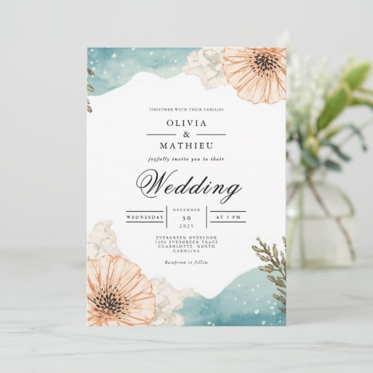 Muted Peach Botanical Flourish Wedding 招待状 (スタンド正面)